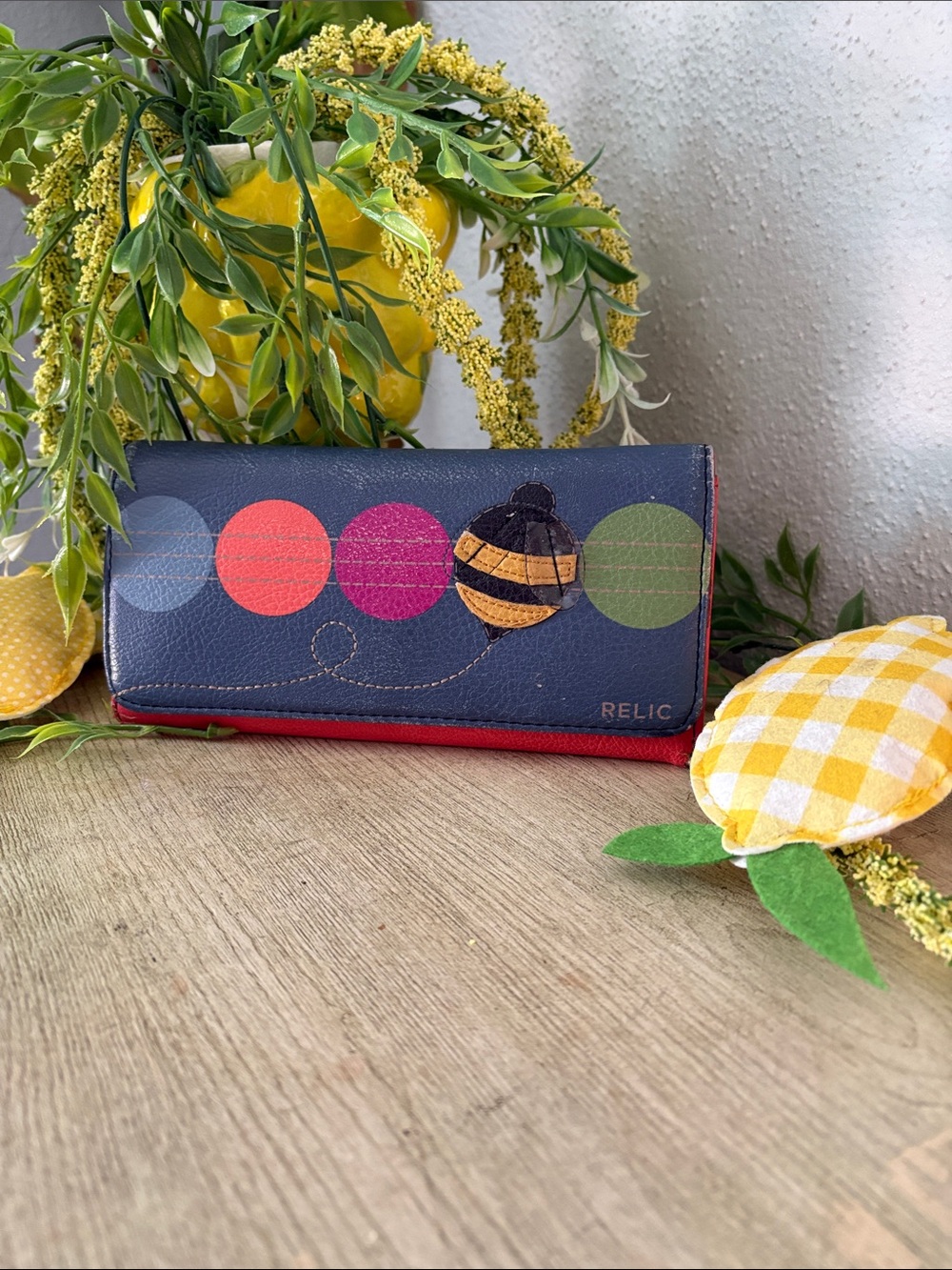 Relic Navy Wallet with Multicolor Circle Accents and Bee Detail